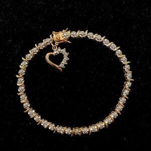 Vintage 90's 2tone diamond illusion sterling tennis bracelet dangle heart charm